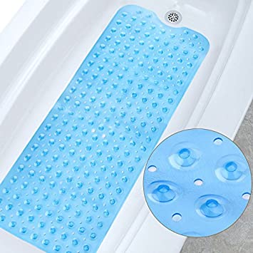 Delgeo Alfombra de baño Extra Larga Anti-Moho, Antideslizante, PVC de Caucho Natural con Ventosa. Alfombrilla para baño, Lavable a máquina, 100 x 40 cm(Azul)